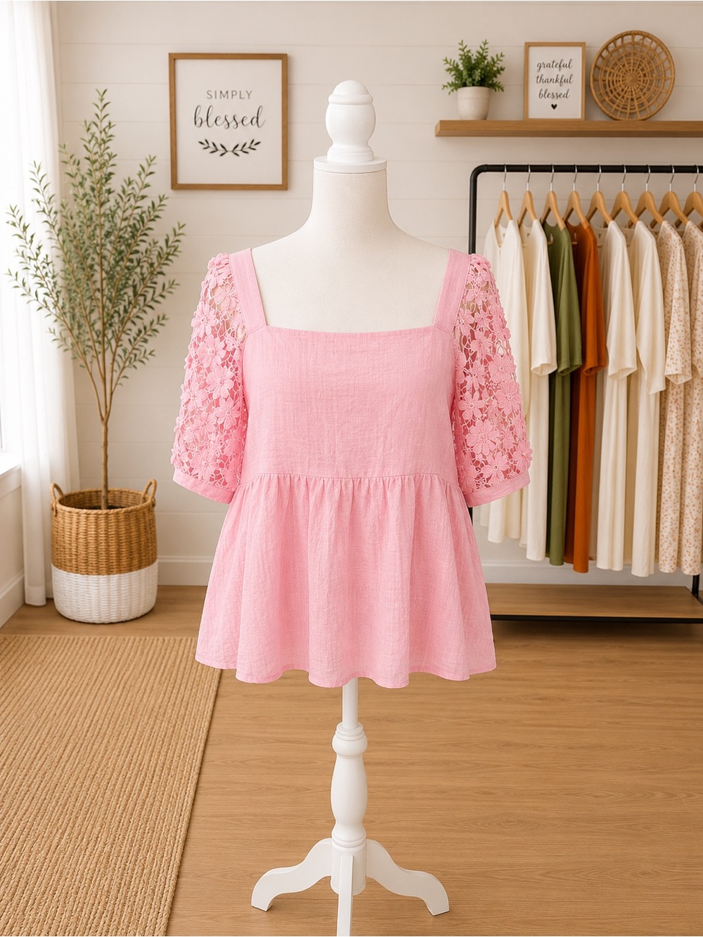 White Birch 3X Pink Linen Blend Lace Sleeve Babydoll Top Plus Size Boutique